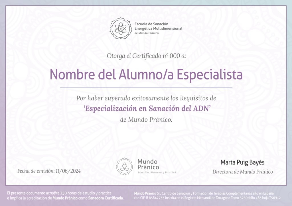 certificado Especialización en Sanación del ADN
